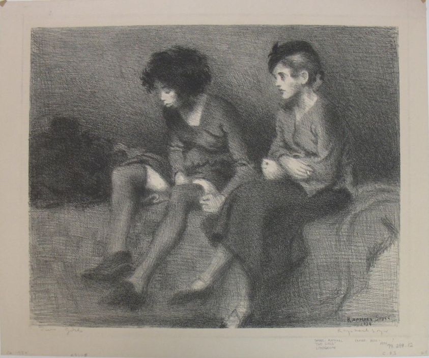 Raphael Soyer (American, born Russia, 1899–1987). <em>Two Girls</em>, 1934. Lithograph on paper, Sheet: 13 x 15 5/8 in. (33 x 39.7 cm). Brooklyn Museum, Gift of Samuel Goldberg in memory of his parents, Sophie and Jacob Goldberg, and his brother, Hyman Goldberg, 79.299.12. © artist or artist's estate (Photo: Brooklyn Museum, CUR.79.299.12.jpg)