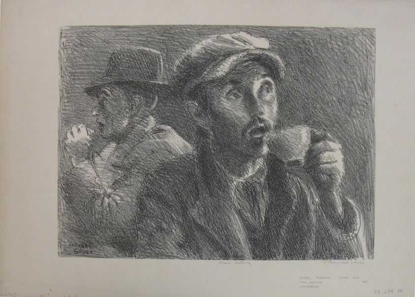Raphael Soyer (American, born Russia, 1899–1987). <em>Man Eating</em>, ca. 1937. Lithograph on paper, sheet: 11 7/16 x 15 15/16 in. (29.1 x 40.5 cm). Brooklyn Museum, Gift of Samuel Goldberg in memory of his parents, Sophie and Jacob Goldberg, and his brother, Hyman Goldberg, 79.299.14. © artist or artist's estate (Photo: Brooklyn Museum, CUR.79.299.14.jpg)