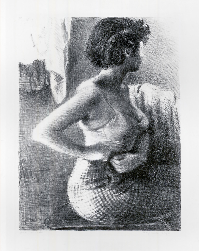 Raphael Soyer (American, born Russia, 1899–1987). <em>The Model</em>, ca. 1932. Lithograph on paper, sheet: 22 7/8 x 15 3/4 in. (58.1 x 40 cm). Brooklyn Museum, Gift of Samuel Goldberg in memory of his parents, Sophie and Jacob Goldberg, and his brother, Hyman Goldberg, 79.299.6. © artist or artist's estate (Photo: Brooklyn Museum, CUR.79.299.6.jpg)