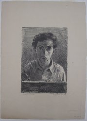 Raphael Soyer (American, born Russia, 1899-1987). <em>Self Portrait</em>, 1933. Lithograph on paper, sheet: 15 3/4 x 11 3/8 in. (40 x 28.9 cm). Brooklyn Museum, Gift of Samuel Goldberg in memory of his parents, Sophie and Jacob Goldberg, and his brother, Hyman Goldberg, 79.299.7. © artist or artist's estate (Photo: Brooklyn Museum, CUR.79.299.7.jpg)