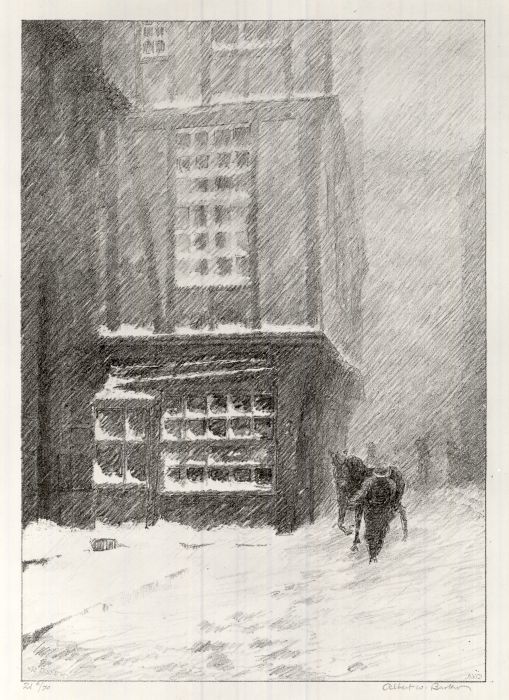 Albert Windslow Barker (American, 1874–1947). <em>Snow, Rouen Street</em>, 1927. Lithograph on cream-colored wove paper, Image: 8 1/4 x 5 11/16 in. (21 x 14.5 cm). Brooklyn Museum, Frank L. Babbott Fund, 81.98.2. © artist or artist's estate (Photo: Brooklyn Museum, CUR.81.98.2.jpg)