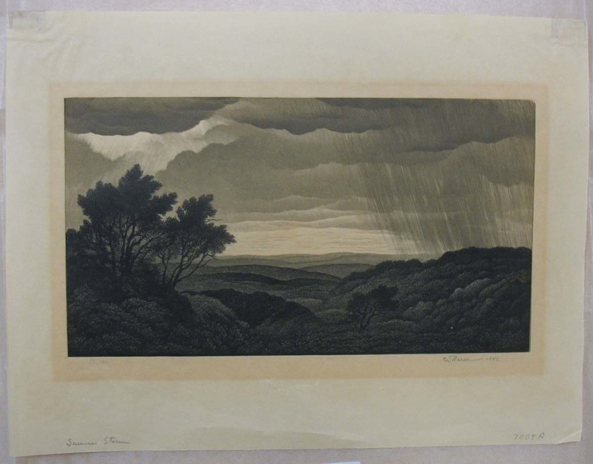 Thomas Willoughby Nason (American, 1889–1971). <em>Summer Storm</em>, 1940. Wood engraving, three colors, Sheet: 9 1/16 x 12 in. (23 x 30.5 cm). Brooklyn Museum, Gift of IBM Gallery of Science and Art, 85.187.38. © artist or artist's estate (Photo: Brooklyn Museum, CUR.85.187.38.jpg)