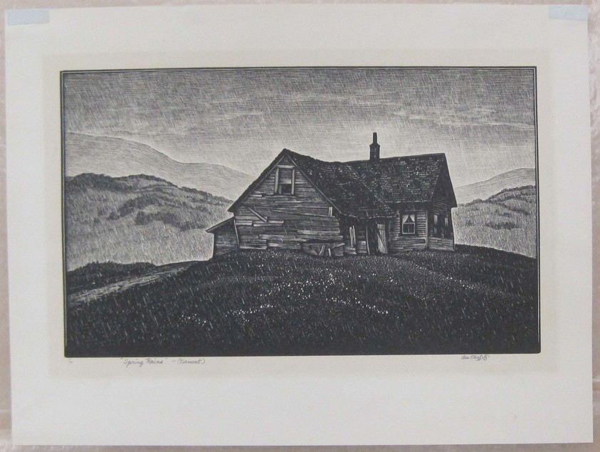 Asa Cheffetz (American, 1897–1965). <em>Spring Rains - Vermont</em>. Wood engraving, Sheet: 9 1/8 x 12 3/16 in. (23.2 x 31 cm). Brooklyn Museum, Gift of IBM Gallery of Science and Art, 85.187.8. © artist or artist's estate (Photo: Brooklyn Museum, CUR.85.187.8.jpg)