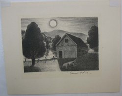 Ernest Fiene (American, 1894-1965). <em>Untitled, Barn with Bull and Landscape</em>, n.d. Lithograph, Sheet: 6 1/4 x 7 13/16 in. (15.9 x 19.8 cm). Brooklyn Museum, Brooklyn Museum Collection, X1042.12. © artist or artist's estate (Photo: Brooklyn Museum, CUR.X1042.12.jpg)