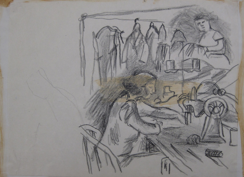 Paul Burlin (American, 1886–1969). <em>[The Clothing Factory II]</em>, n.d. Conte Crayon, glue in center of drawing, Image: 8 1/2 x 11 in. (21.6 x 27.9 cm). Brooklyn Museum, Brooklyn Museum Collection, X1042.145. © artist or artist's estate (Photo: Brooklyn Museum, CUR.X1042.145.jpg)