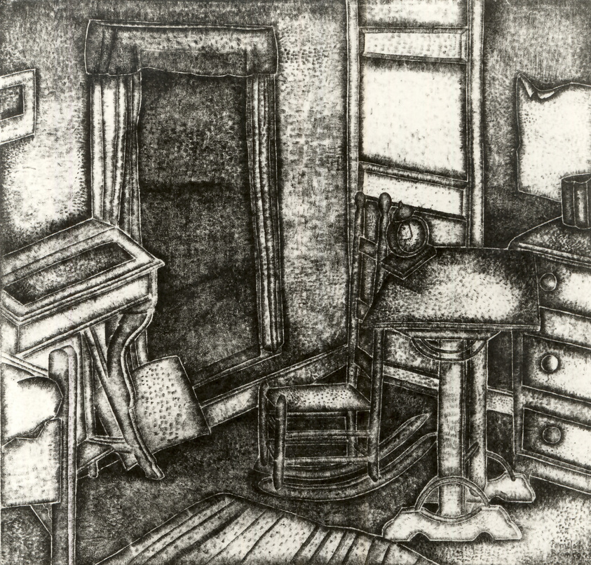 Pamela Ruby Bianco (American, born England, 1906–1994). <em>Untitled, Interior Scene with Chair, Desk, Clock and Window</em>, n.d. Lithograph, Overall: 14 1/2 x 14 1/2in. (36.8 x 36.8cm). Brooklyn Museum, Brooklyn Museum Collection, X1042.2. © artist or artist's estate (Photo: Brooklyn Museum, CUR.X1042.2.jpg)