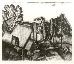 Pamela Ruby Bianco (American, born England, 1906-1994). <em>Untitled, House and Trees</em>, n.d. Lithograph, Overall: 10 1/2 x 14 1/2in. (26.7 x 36.8cm). Brooklyn Museum, Brooklyn Museum Collection, X1042.4. © artist or artist's estate (Photo: Brooklyn Museum, CUR.X1042.4.jpg)