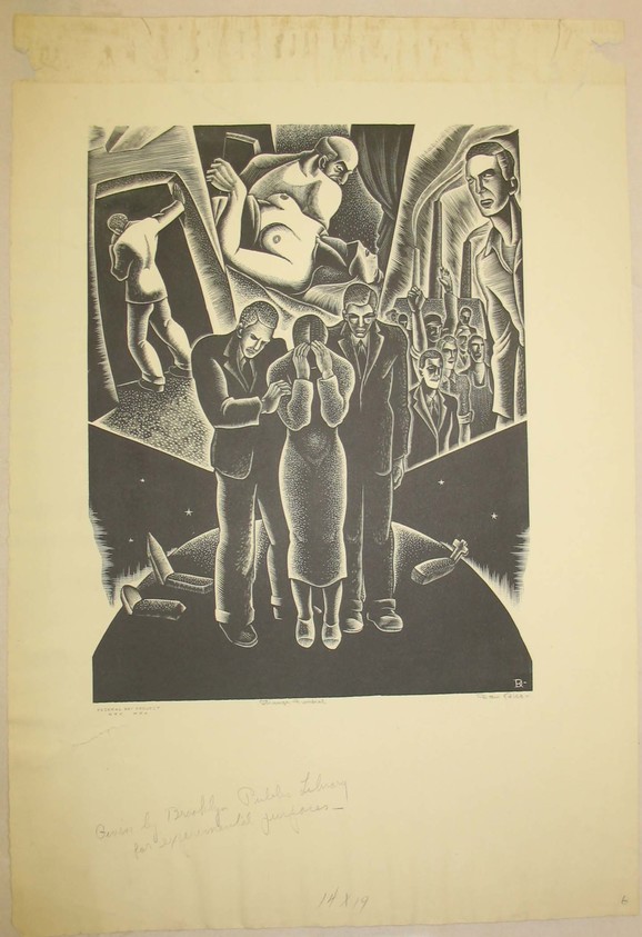 Dan Rico (American, 1910–1985). <em>Strange Funeral</em>, 1930s. Wood engraving, Sheet: 16 5/8 x 9 1/4 in. (42.2 x 23.5 cm). Brooklyn Museum, Brooklyn Museum Collection, X1042.50. © artist or artist's estate (Photo: Brooklyn Museum, CUR.X1042.50.jpg)