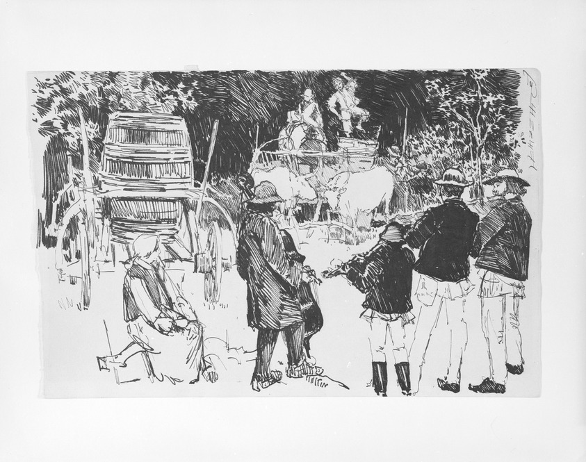 Joseph Pennell (American, 1860–1926). <em>They Play in the Wine Gardens, Illustration for "To Gypsy Land,"</em> n.d. Pen and ink on wove paper, Sheet (slightly irregular): 5 11/16 x 8 7/8 in. (14.4 x 22.5 cm). Brooklyn Museum, Brooklyn Museum Collection, X153. © artist or artist's estate (Photo: Brooklyn Museum, X153_bw_SL4.jpg)