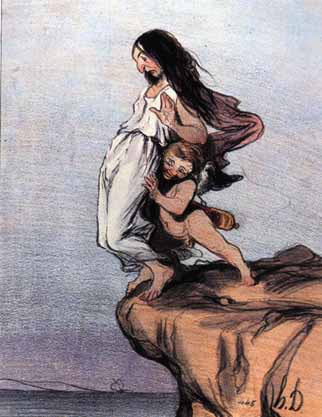 <p>Honoré Daumier. <em>The Death of Sappho (La mort de Sapho)</em>, 1843. Coloring by Jone Johnson Lewis.<em> No. 49</em>, from the series <em>Histoire Ancienne</em>, published in <em>Le Charivari</em>, edited by Charles Philipon (Paris: 1841–43). Fine Arts Museum of San Francisco, Bruno and Sadie Adriani Collection, 1956.191</p>