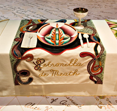 <p>Judy Chicago (American, b. 1939). <em>The Dinner Party</em> (Petronilla de Meath place setting), 1974–79. Mixed media: ceramic, porcelain, textile. Brooklyn Museum, Gift of the Elizabeth A. Sackler Foundation, 2002.10. © Judy Chicago. Photograph by Jook Leung Photography</p>