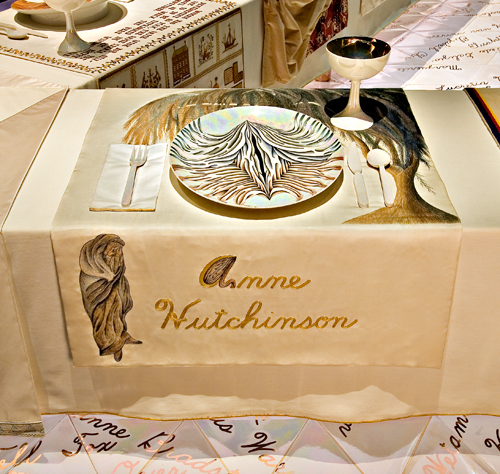 <p>Judy Chicago (American, b. 1939). <em>The Dinner Party</em> (Anne Hutchinson place setting), 1974–79. Mixed media: ceramic, porcelain, textile. Brooklyn Museum, Gift of the Elizabeth A. Sackler Foundation, 2002.10. © Judy Chicago. Photograph by Jook Leung Photography</p>