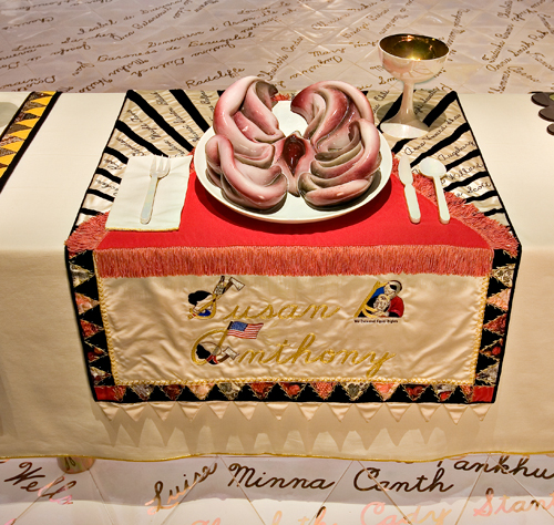<p>Judy Chicago (American, b. 1939).<em> The Dinner Party</em> (Susan B. Anthony place setting), 1974–79. Mixed media: ceramic, porcelain, textile. Brooklyn Museum, Gift of the Elizabeth A. Sackler Foundation, 2002.10. © Judy Chicago. Photograph by Jook Leung Photography</p>