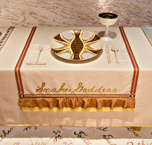 <p>Judy Chicago (American, b. 1939). <em>The Dinner Party</em> (Snake Goddess place setting), 1974–79. Mixed media: ceramic, porcelain, textile. Brooklyn Museum, Gift of the Elizabeth A. Sackler Foundation, 2002.10. © Judy Chicago. Photograph by Jook Leung Photography</p>